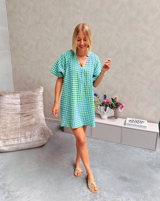 COZETTE CHECK DRESS - GREEN/COBALT BLUE - By Lenz