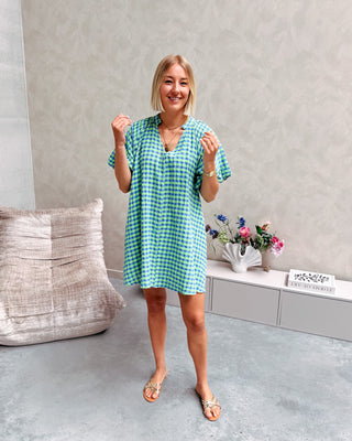 COZETTE CHECK DRESS - GREEN/COBALT BLUE - By Lenz