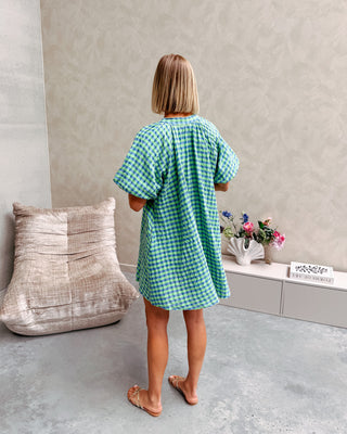 COZETTE CHECK DRESS - GREEN/COBALT BLUE - By Lenz