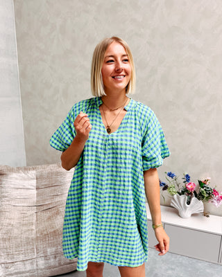 COZETTE CHECK DRESS - GREEN/COBALT BLUE - By Lenz
