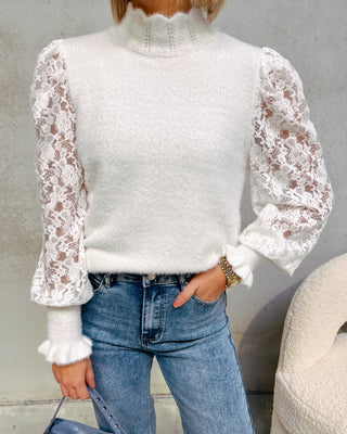 LACE SLEEVE KNIT - WHITE - By Lenz