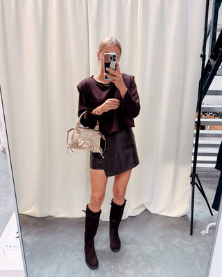 SHOULDER CRUSH PUFFY SWEATER - BROWN