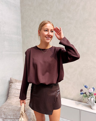 SHOULDER CRUSH PUFFY SWEATER - BROWN
