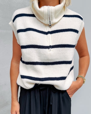 SLEEVELESS STRIPED ZIP KNIT - WHITE/BLUE