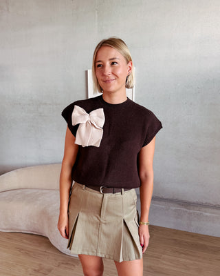 BOW KNIT TOP - BROWN