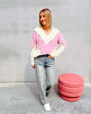SEQUIN V-KNIT - CREAM/PINK - By Lenz