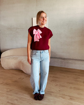 BOW KNIT TOP - BURGUNDY