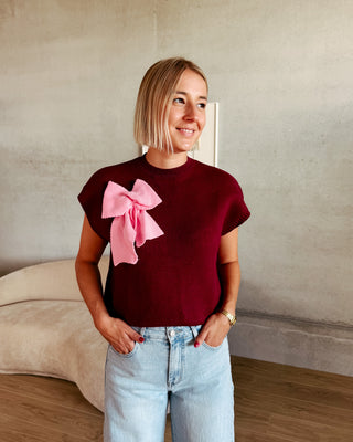 BOW KNIT TOP - BURGUNDY