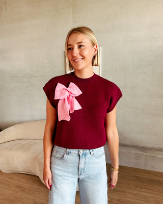 BOW KNIT TOP - BURGUNDY