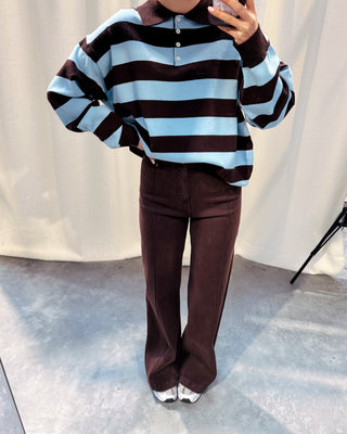 LAUREN BOLD STRIPES POLO KNIT - LIGHT BLUE/BROWN