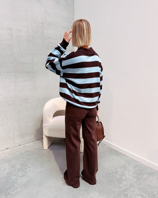 LAUREN BOLD STRIPES POLO KNIT - LIGHT BLUE/BROWN