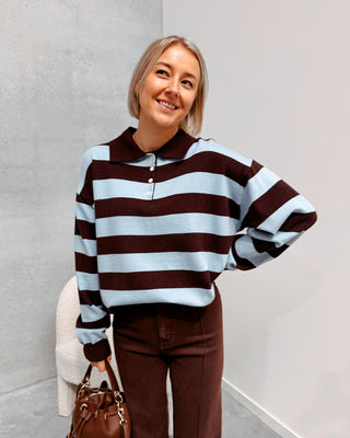 LAUREN BOLD STRIPES POLO KNIT - LIGHT BLUE/BROWN