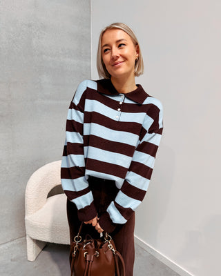 LAUREN BOLD STRIPES POLO KNIT - LIGHT BLUE/BROWN