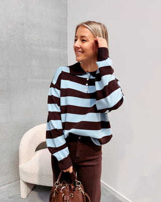 LAUREN BOLD STRIPES POLO KNIT - LIGHT BLUE/BROWN