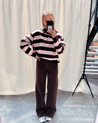 LAUREN BOLD STRIPES POLO KNIT - PINK/BROWN