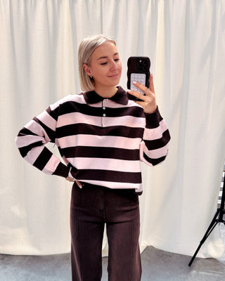 LAUREN BOLD STRIPES POLO KNIT - PINK/BROWN