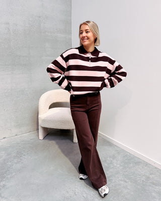LAUREN BOLD STRIPES POLO KNIT - PINK/BROWN