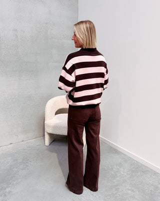 LAUREN BOLD STRIPES POLO KNIT - PINK/BROWN