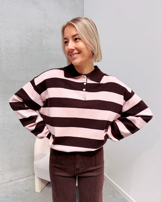 LAUREN BOLD STRIPES POLO KNIT - PINK/BROWN