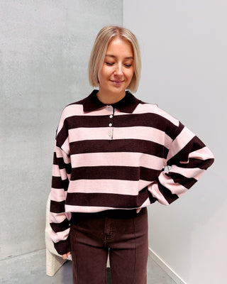 LAUREN BOLD STRIPES POLO KNIT - PINK/BROWN