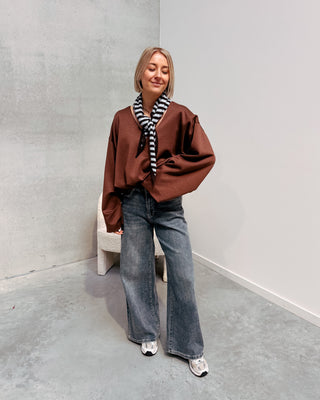 NURIA V-NECK BALLOON SWEATER - BROWN