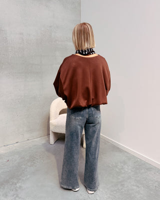 NURIA V-NECK BALLOON SWEATER - BROWN