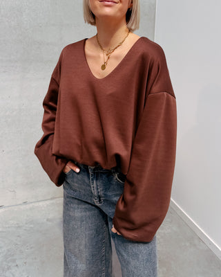 NURIA V-NECK BALLOON SWEATER - BROWN