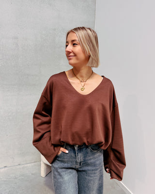 NURIA V-NECK BALLOON SWEATER - BROWN