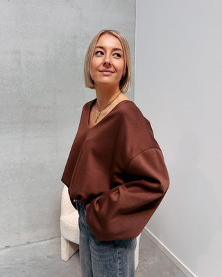 NURIA V-NECK BALLOON SWEATER - BROWN