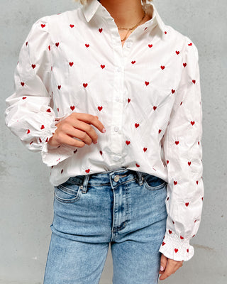 CUTE HEARTS BLOUSE - WHITE/RED - By Lenz