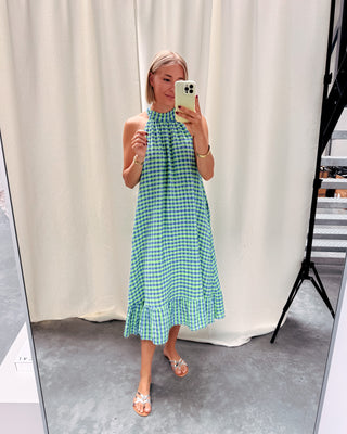 YVETTE CHECK MIDI DRESS - GREEN/COBALT BLUE - By Lenz