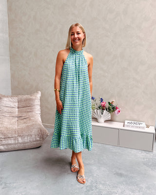 YVETTE CHECK MIDI DRESS - GREEN/COBALT BLUE - By Lenz