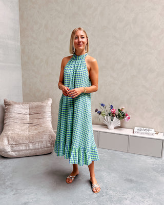 YVETTE CHECK MIDI DRESS - GREEN/COBALT BLUE - By Lenz
