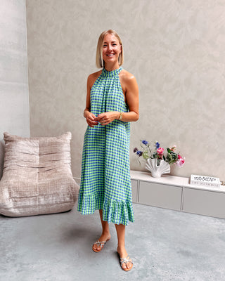 YVETTE CHECK MIDI DRESS - GREEN/COBALT BLUE - By Lenz