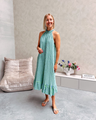 YVETTE CHECK MIDI DRESS - GREEN/COBALT BLUE - By Lenz