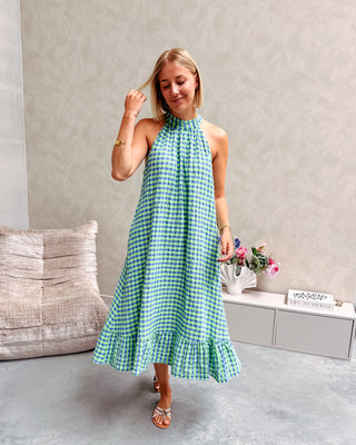 YVETTE CHECK MIDI DRESS - GREEN/COBALT BLUE - By Lenz