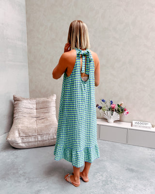 YVETTE CHECK MIDI DRESS - GREEN/COBALT BLUE - By Lenz