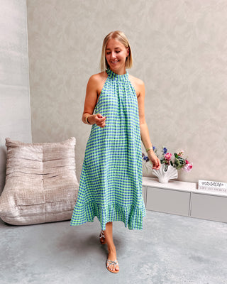 YVETTE CHECK MIDI DRESS - GREEN/COBALT BLUE - By Lenz