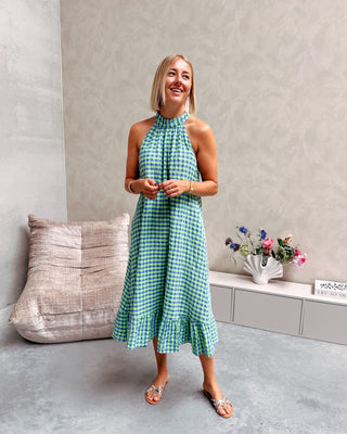 YVETTE CHECK MIDI DRESS - GREEN/COBALT BLUE - By Lenz
