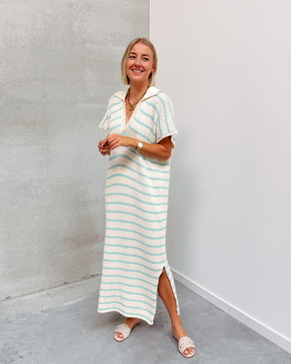 ROBE POLO EN MAILLE CLARA - MENTHE/BLANC