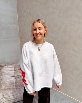 BE HAPPY SWEATER - GREY/RED