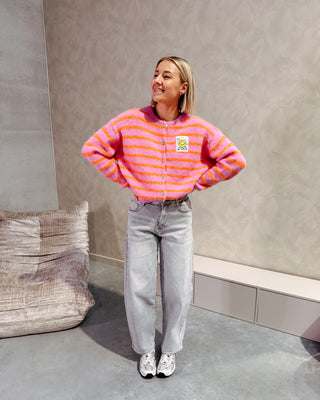 SMILEY & STRIPES CARDIGAN - ORANGE/PINK - By Lenz