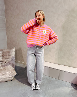 SMILEY & STRIPES CARDIGAN - ORANGE/PINK - By Lenz