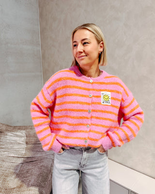 SMILEY & STRIPES CARDIGAN - ORANGE/PINK - By Lenz