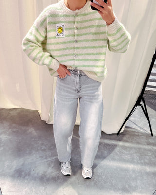 SMILEY & STRIPES CARDIGAN - CREAM/LIGHT GREEN - By Lenz