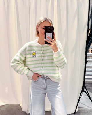 SMILEY & STRIPES CARDIGAN - CREAM/LIGHT GREEN - By Lenz