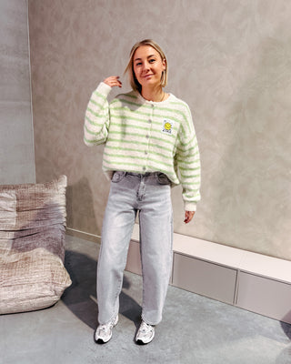SMILEY & STRIPES CARDIGAN - CREAM/LIGHT GREEN - By Lenz