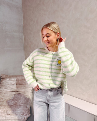 SMILEY & STRIPES CARDIGAN - CREAM/LIGHT GREEN - By Lenz